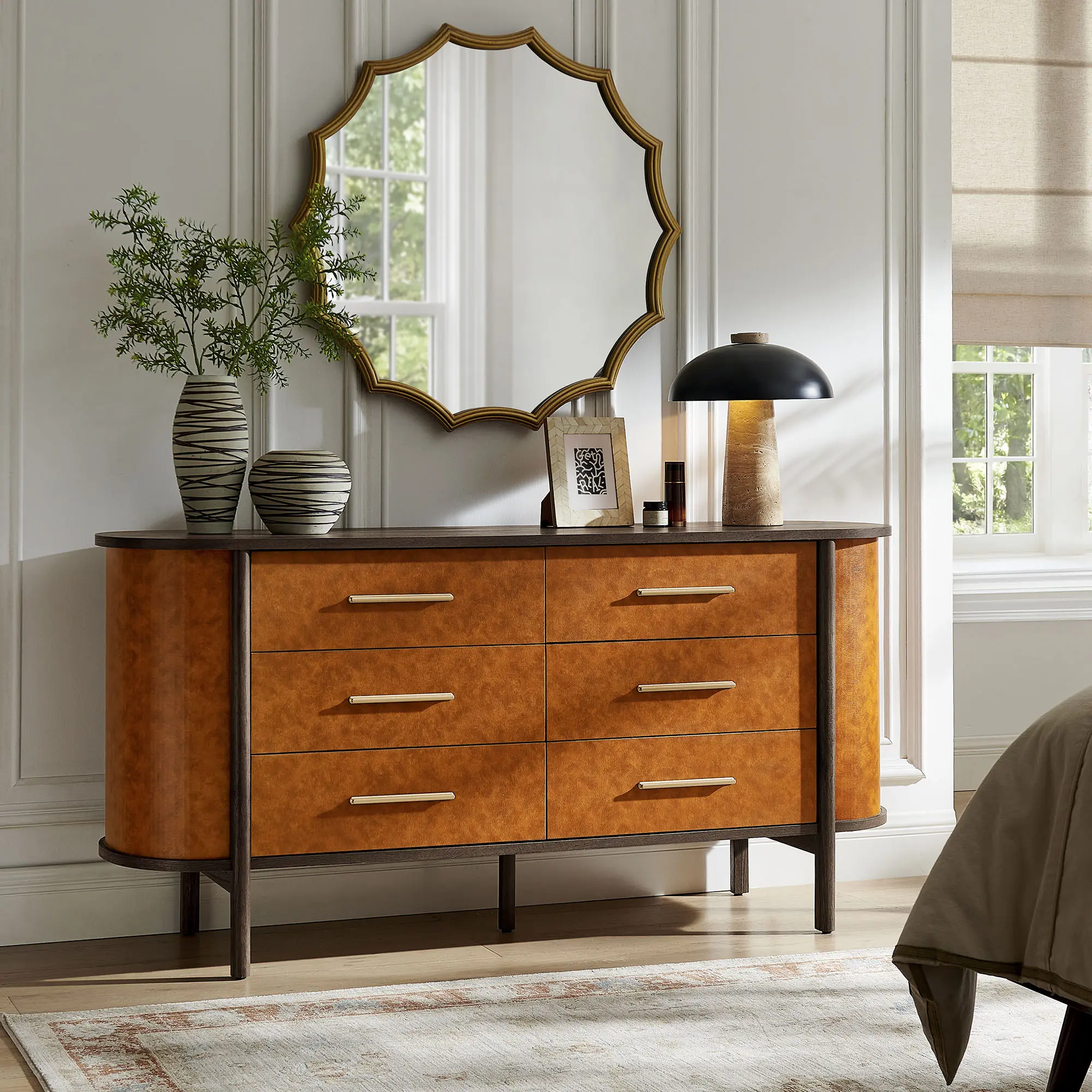 Coralie Curved 6-Drawer Vegan Leather Oval Dresser in Walnut Tan