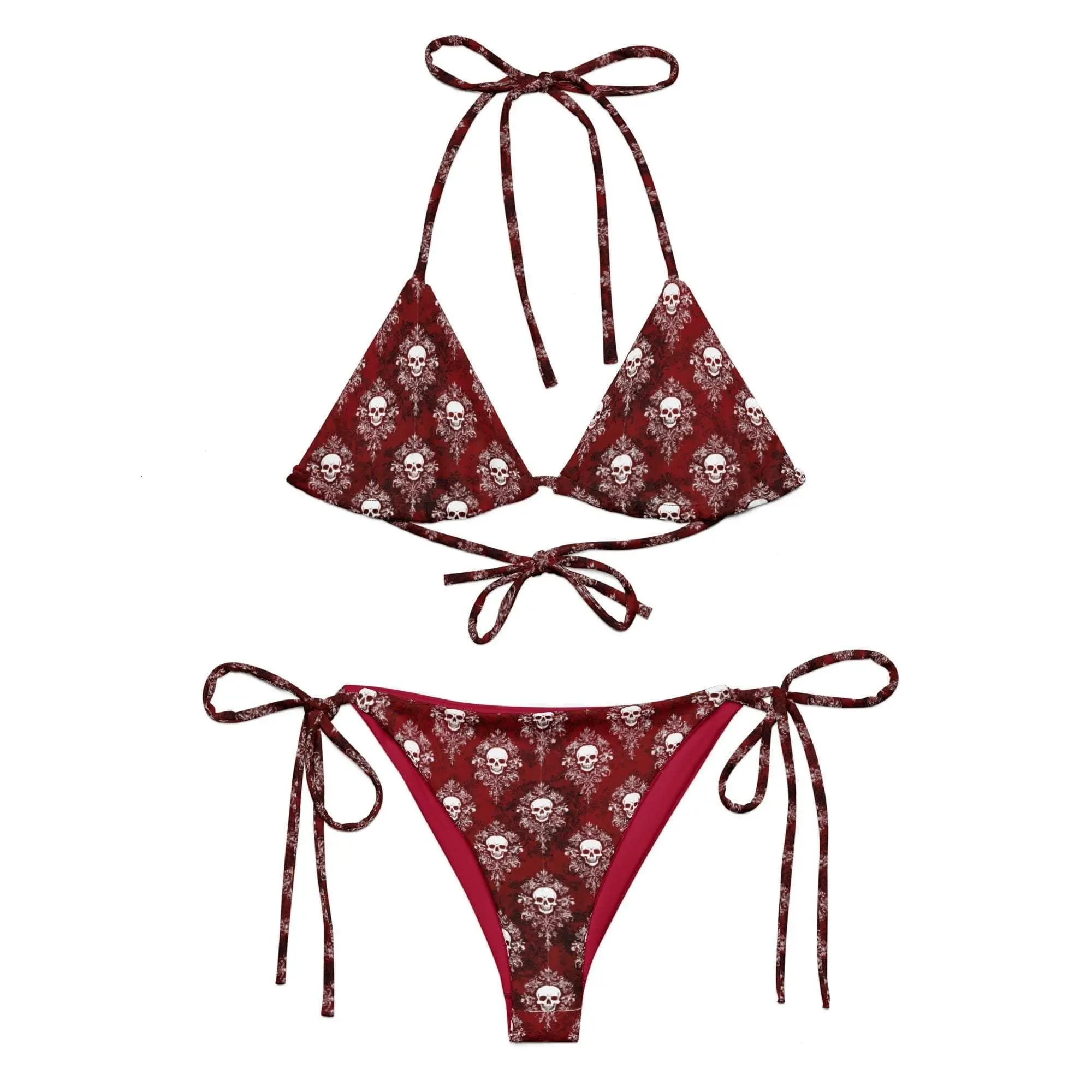 Gothic Bikini Set, Red Skull Print String Swimsuit