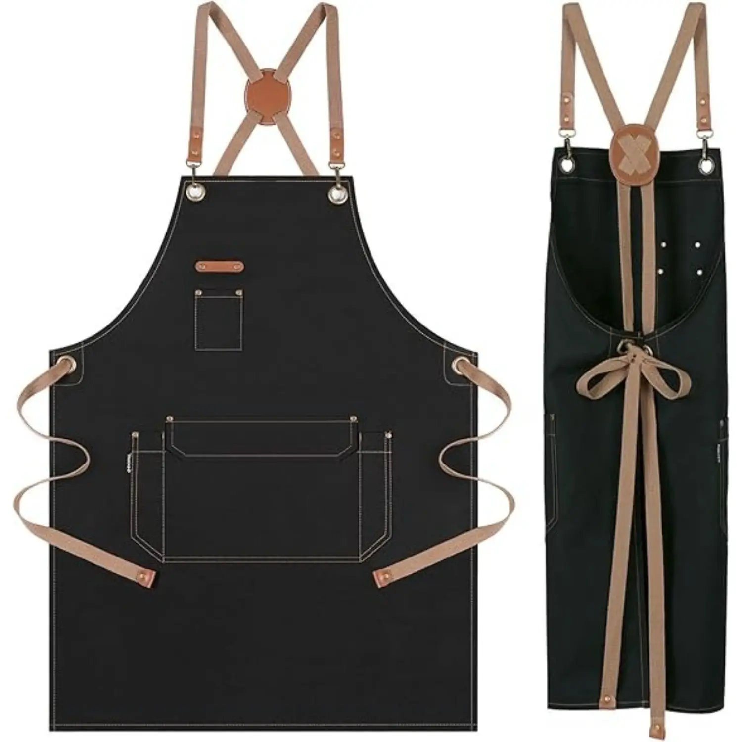 ONESHOW HOME Unisex Cotton Canvas Chef Apron - Comfortable, Adjustable Cross Back, Even Weight Distribution, Oversized & Multiple Pockets, Kitchen to Workshop Ready for Gardening, Woodworking (Leather Black), Multifunctional