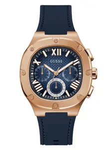 GUESS Male Rose Gold-Tone and Navy Silicone Multifunction Watch