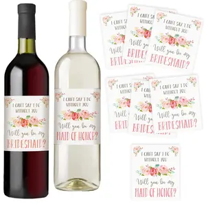 Bridesmaid Proposal Gift – Waterproof Wine Bottle Labels for Bridesmaids and Maid of Honor, Pink Floral (Set of 7)