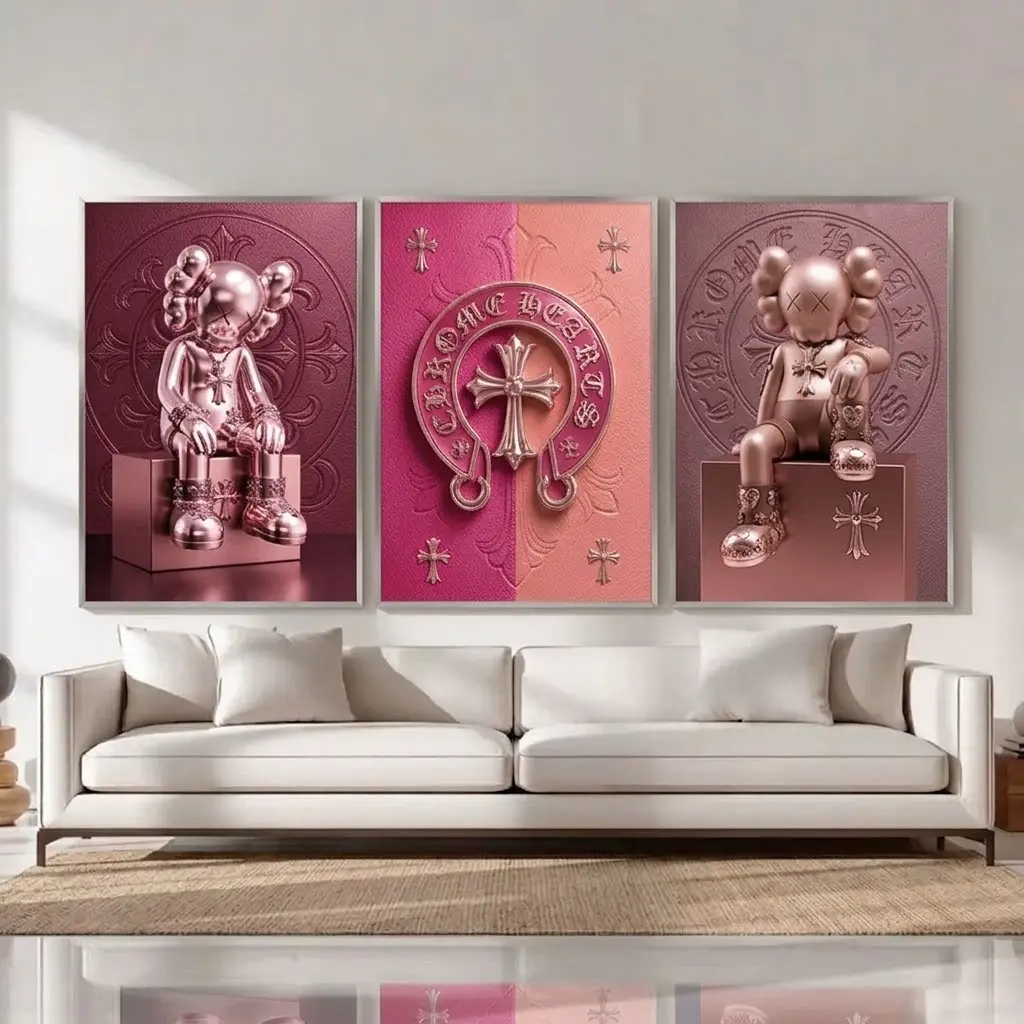 Chrome Hearts Kaws Poster Set of 3, Black White Hypebeast Decor Wall Art, Gothic Luxury Decor, Black White Chrome Hearts, Dark Fashion Decor