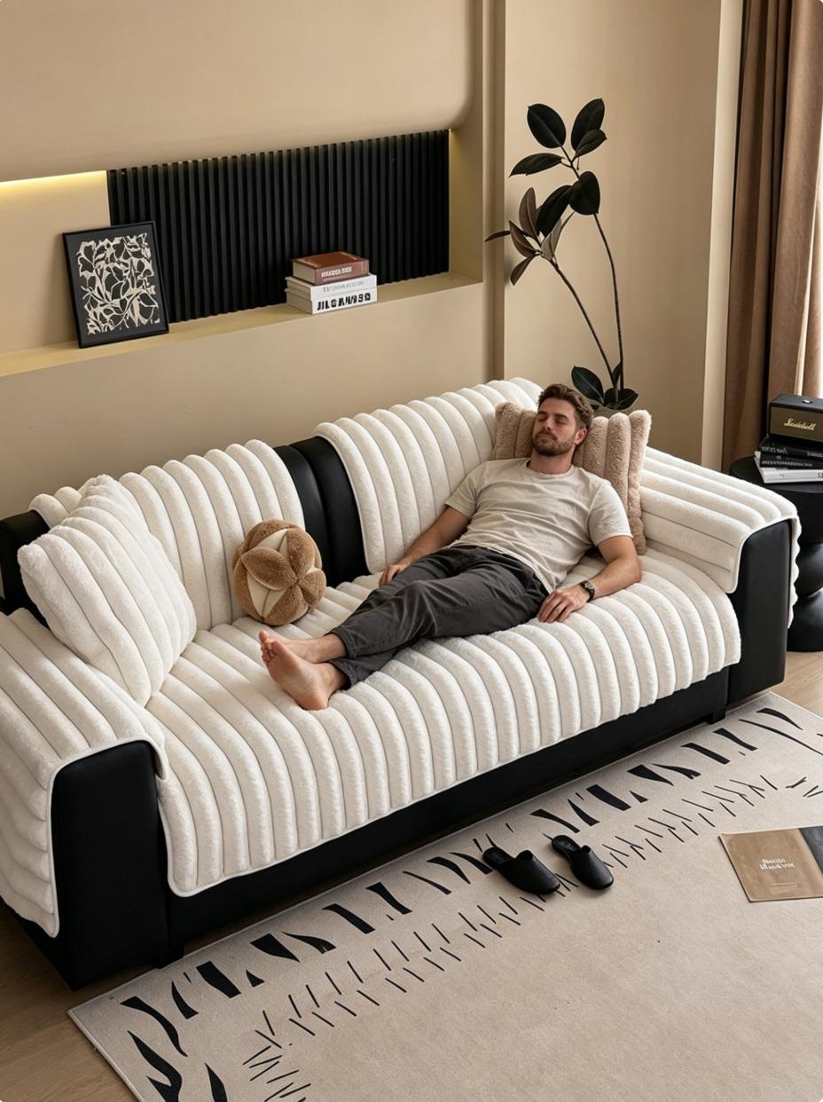 Cloud-Like Cream Ribbed Faux Fur Sofa Cover | Ultra-Soft Striped Couch Protector