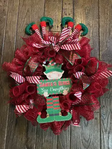 Elf Christmas Wreath Red & Green Handmade Holiday Decor One-of-a-Kind Elf Wreath 18 Inch Mesh Ready to Ship
