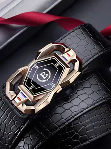 Men's Luxury Belt with Auto Buckle, Alligator Pattern Genuine Leather, Durable Anti-Scratch Business Casual Belt, Fashion Accessory