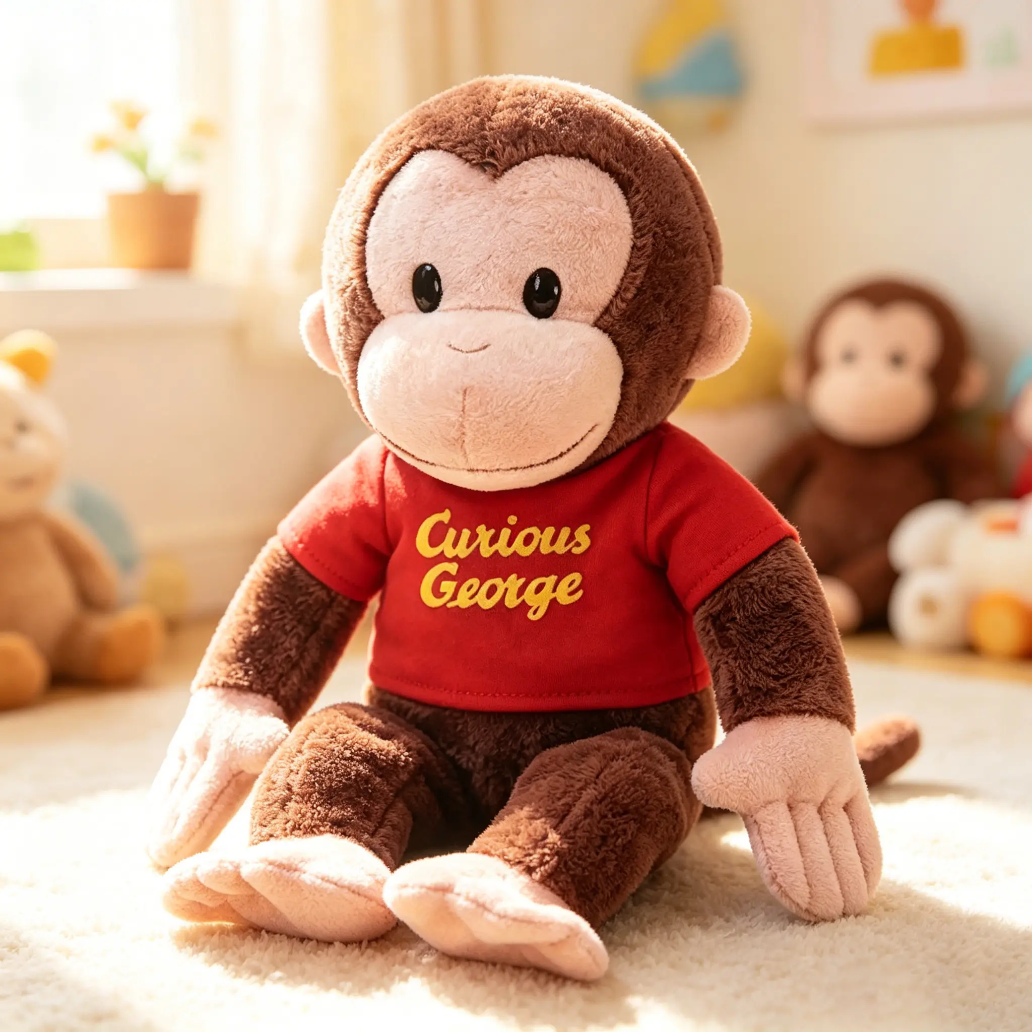 Kawaii Curious George Plush, Lifelike Fluffy Cartoon Monkey Stuffed Animal, Bedroom Decor & Companion Gift for Kids