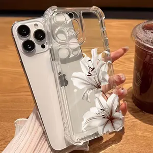 Clear phone case with white lily flower design, compatible with iPhone 17 Pro Max, 17 Pro, 17 Plus, 17, iPhone 16 Pro Max, 16 Pro, 16 Plus, 16, iPhone 15 Pro Max, 15 Pro, 15 Plus, 15, iPhone 13 Pro Max, 13 Pro, 13 Plus, 13.