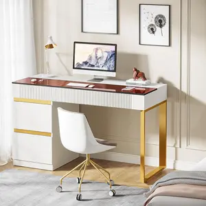 LITTLE TREE Computer Desk with 4 Drawers, 47 Inch Modern Home Office Desk with Glass Top, White and Gold Writing Workstation Desk with Storage, Makeup Vanity Table for Living Room, Bedroom