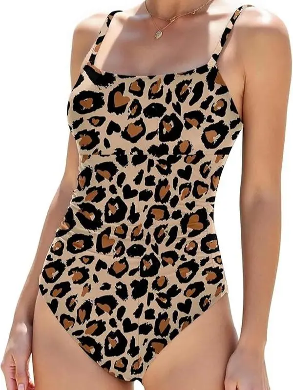 One Piece Swimsuits for Women Multi-color Leopard Print & Solid Tummy Control Bathing Suits, Square Neck Slimming Swimwear