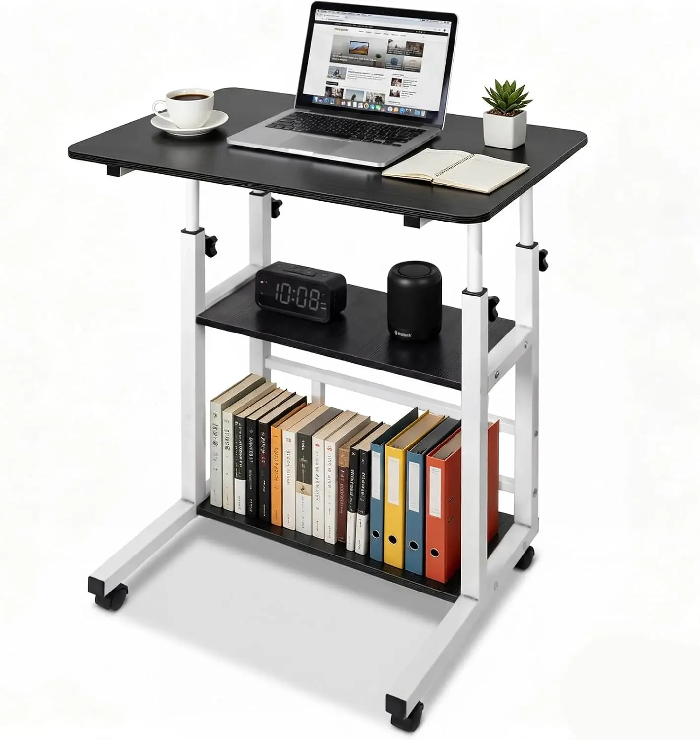 Modern Adjustable Height Rolling Desk with a Phone Holder for Home Office or Study Room - Black & White Design
