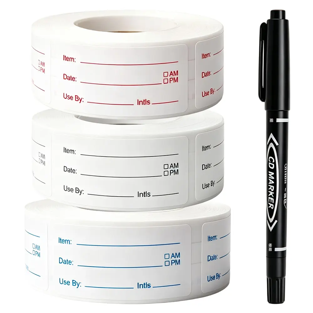 3 Rolls 1500PCS Removable Food Labels, 1 x 2 Inch Date Stickers with Bonus Writing Pen for Freezer Refrigerator Food Containers, Easy to Write on Food Labeling for Food Storage Organization Kitchen Use