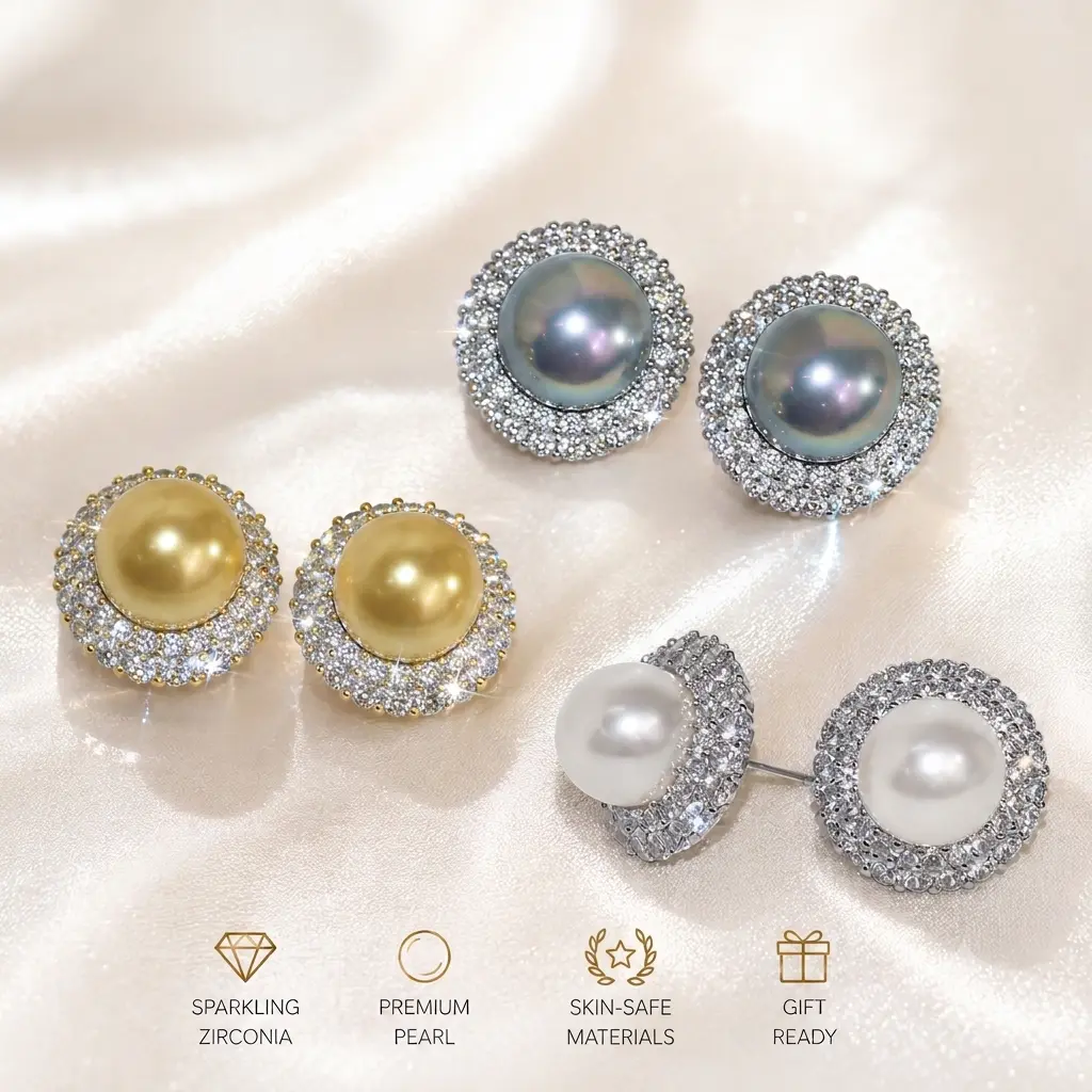 14mmwhite earring shellpearlDiana-Inspired Pearl Halo Ring & Stud Earrings Set | Cubic Zirconia Statement Jewelry for Parties, Weddings & Gifts