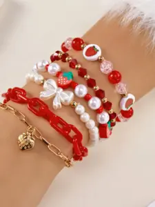 New Fashion Strawberry Bracelet Set, Versatile Cute Fruit Heart Bow Crystal Beaded Bracelets, Stylish Jewelry for Women