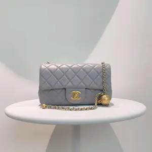 Pre-owned CHANEL Lambskin Crossbody Bags Quilted Mini Rectangular Pearl Crush Flap Grey LNL1013