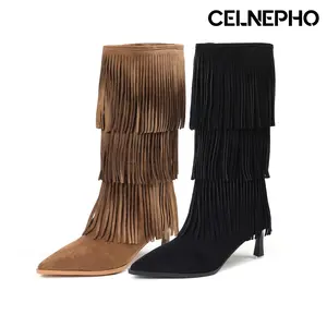 CELNEPHO Mid Calf Fringe Boots for Women Pointed Toe Kitten Heel Easy Pull on Wide Calf Tassels Fashion Boot Party Everyday Wear Gift Trendy Dress Shoes