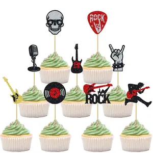 9/18/27Pcs Glitter Rock Theme Cupcake Toppers Glitter Guitar Rock Record Microphone Cupcake Picks for Retro Rock and Roll Music Theme Birthday Party Decorations Supplies
