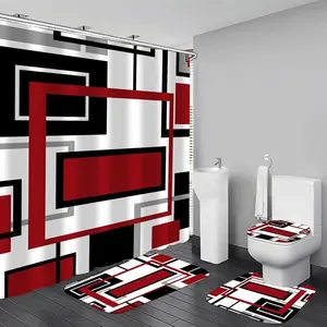 4 Pcs Red Geometric Shower Curtain Sets with Rugs, Modern Red Bathroom Shower Set Including Shower Curtain, Rugs and Toilet Lid Cover for Bathroom Decor Accessories