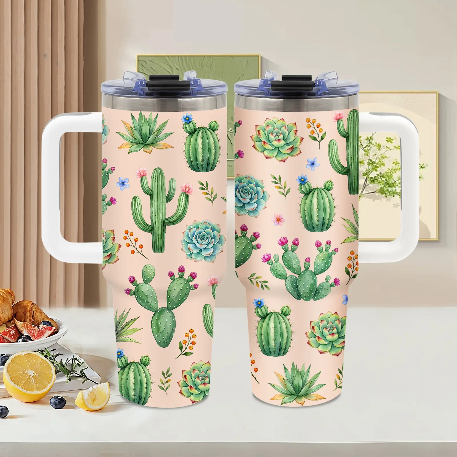 40oz Double Wall Stainless Steel Vacuum Flask - Leak-Proof Tumbler with Handle & Lid, Plants Watercolor Cactus Design, Keeps Drinks Cold for 24H, Casual Daily Commuting Beach Mug, Birthdays Gift for Cactus Lovers
