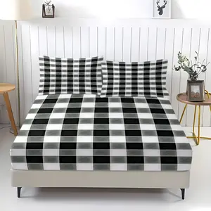 3 Pieces Plaid Non-Slip Fitted Sheet & Pillowcases Set, Premium Microfiber Black White Checkered Bed Sheet with 14" Deep Pocket, Skin-Friendly Stain Resistant Bedding for Adults, Kids, Students, All Sizes
