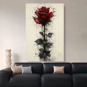 Framed 2D Flat, 1pc Dark Red Rose Framed Canvas Wall Art - Modern Minimalist Wood Frame Poster, Burgundy Flower Print for Home, Office, Wedding & Christmas Decor - Elegant Gift-Ready /Outdoor Decoration (Wrapped Canvas, Dark Red Roses), 2D Flat