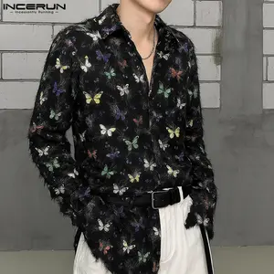 INCERUN Men's 2025 Autumn Long-Sleeve Fabric-Focused Casual Shirt - Butterfly Print, Street-Style Design-Forward Menswear Top for Daily Wear