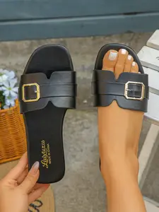 Classic Versatile H Sandals, Fashionable Daily Wear, Metal Buckle Decoration, Bright Summer Style, PU Leather Upper, Rubber Sole