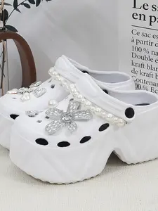 2026 New Fashion Pearl Chain Crystal Flower High Heel Women's Holey Shoes 8809, Stylish Eva Upper and Sole, Less Than Ankle Height
