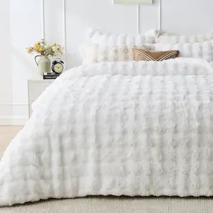 Fluffy  Faux  Bedding  Comforter Set Ultra Soft Plush Winter Solid Bubble Sherpa Reversible Comforters 3 count Sets with 1 Comforter 2 Pillow Shams White