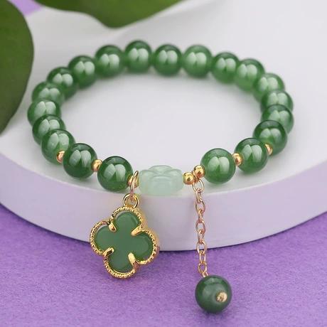 Green Agate Four-Leaf Clover Rhinestone Bead Bracelet | Lucky Bracelet—Attracts wealth and good fortune, bringing prosperity and abundance—the perfect gift for 2026!