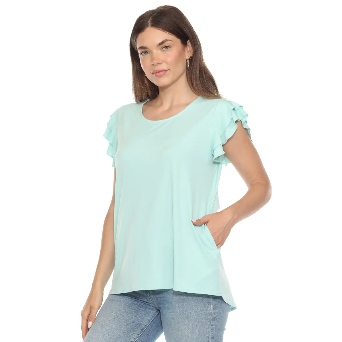 212 MAIN Women's Turquoise Ruffled Short-Sleeve Round Neck Basic Essential Blouse - Large, Soft, Casual Loose Lightweight Top, Stylish Feminine Solid Design for Everyday Wear