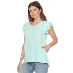 212 MAIN Women's Solid Ruffled Short-Sleeve Blouse - Turquoise, Extra Large, Lightweight, Soft, Feminine, Essential, Everyday Casual Loose Top