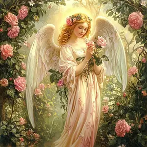 5d Diy Diamond Painting Angels and Flowers Pink Rose Charming Pretty Girl Fairy Elf Cozy Full Round Cross Stitch Embroidery Landscape Diamond Mosaic Art Funny Home Decoration Picture Craft Kit Hobby Holiday Christmas Halloween Gift Handicraft