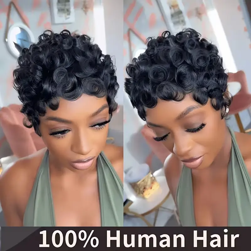 Pixie Cut Wigs for Women Brazilian Curly Pixie Cut Wig Human Hair Glueless Short Layered Wigs with Bangs Natural Black Color No Glue Human Hair Wig for Daily Use