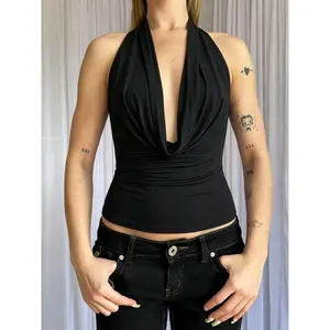 y2k Halter Neck Tank Tops Women Solid Color Sleeveless Open Back Ruched T Shirts Vest Streetwear