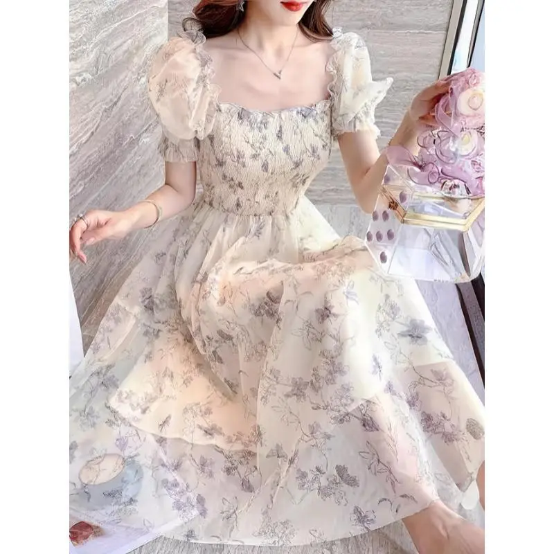 Women'S Mid Length Floral Dress With Fashionable Waist, Slim Square Collar, Cute Bubble Sleeves, High Waisted Skirt For Spring And Summer Fit White summer outfits sundress prom dress Polyester Fabric Casual Womenswear Shortsleeve