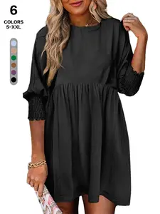 Women’s Casual Babydoll Dress | Smocked Cuff 3/4 Lantern Sleeve Mini Dress | High Waist Pleated Flowy Summer Tunic Dress S–XXL summerwins
