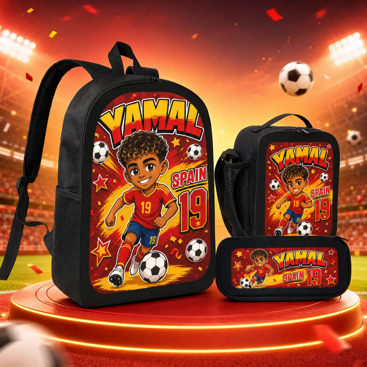 Boys' 3-Piece Soccer Backpack Set - 17in Oxford Fabric Backpack with Insulated Lunch Bag, Pencil Case, Large Capacity, Laptop Compartment, Red-Yellow Sports Print, Adjustable Straps, School/Outdoor Use, Elementary/Middle School Gift