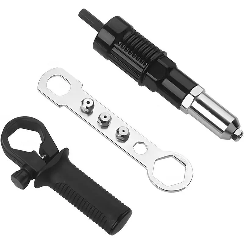 Car Rivet Gun Adapter Kit, Alloy Steel Riveter Tool with Handle Grip and 4 Rivet Heads, Universal Pop Riveting Nut Drill Attachment for Cordless Electric Power Drill