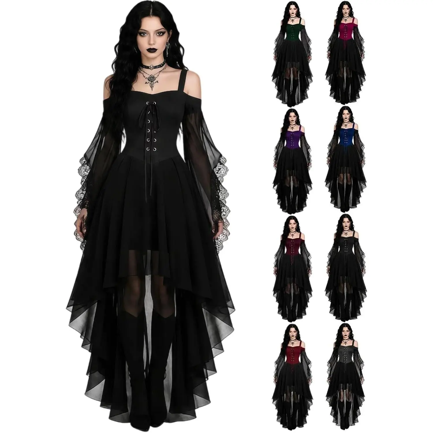Witch Dress Women 2026 Halloween Costumes Woman Adults Medieval Vampire Butterfly Sleeve Mesh Gothic Outfits Breathable Clothes