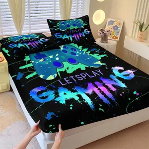 "Let's Play Gaming Fitted Sheet Set with 2 Pillowcases - 3 Piece Soft Breathable Deep Pocket Gaming Bedding, Video Game Controller Pattern Bed Sheets for Kids Teens Bedroom, All Season Use, Twin Size"
