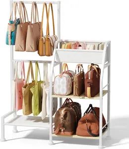 Purse Organizer for Women - 3-Tier Storage Stand with 12 Fixed Hooks, Visible Backpack Storage, Space-Saving Bag Organizer Rack for Home Closet, White