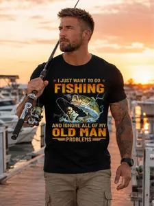 Mens Funny Fishing Graphic T Shirt, I Just Want to Go Fishing Tee, Bass Fish Angler Shirt, Old Man Problems Humor Top, Outdoor Fishing Gift, Short Sleeve Crewneck Tee, Casual Summer Shirt for Fisherman Dad Grandpa Husband Lake Vacation Outfit Top