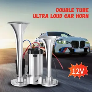 Universal 12V 130DB Super Loud Dual Trumpet Air HornKit with Compressor - Chrome Zinc Allium for Car, Truck,SUV, RV, Boat & Motorcycle