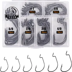UCEC Fishing Hooks, EWG Offset Worm Hooks Bass Hooks Wide Gap 2X Strong Senko Bait Texas Rig Jig Fish Hooks for Bass Trout Saltwater Freshwater Size:#4#2#1 1/0 2/0 3/0 4/0 5/0