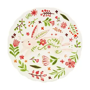 Golden Lion 8-Inch Red Floral Ceramic Dinner Plate - Cute Rabbit Design, Perfect for Home Kitchen Dining
