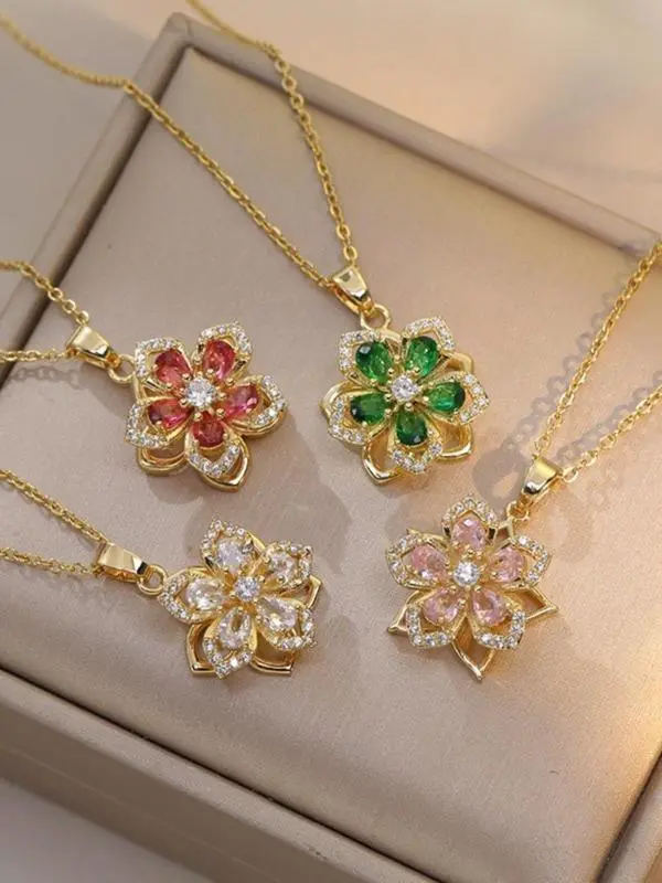 Rotatable Flower Design Pendant Necklace for Women, Summer Rhinestone Decor Necklace for Party, Daily Clothing Decor, Trendy & Exquisite Jewelry for Holiday Parties, Fall Outfits, Fall Freshness, 90s Minimalism, Pink Charm Jewellery