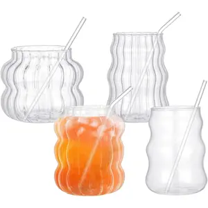 4 count Creative Glassware Set Wave Shape Drinking Glasses with Glass Straw Aesthetic Cups  Ribbed Glass Cups Cute Drinking Glasses for   Water  Coffee Beverage Kitchen