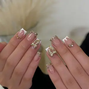 24pcs Glossy Short Squoval Press-On Nails, French Tip, Rhinestone Decor, Elegant Full Coverage, Summer Nail Art for Women and Girls