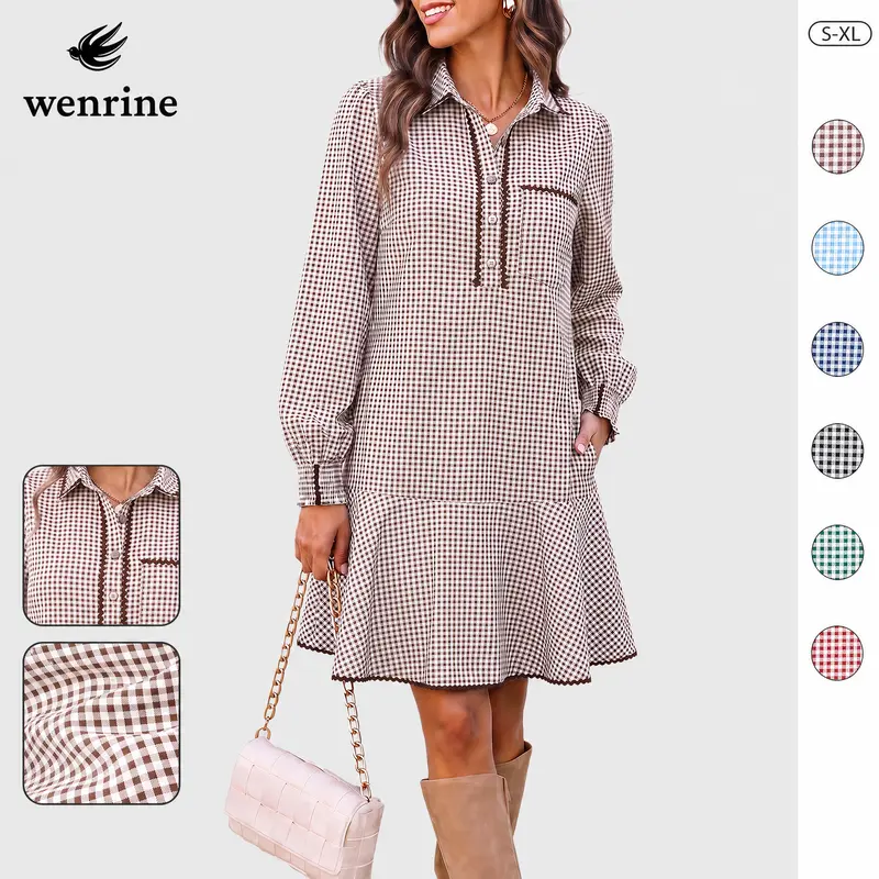 Wenrine Women's Vintage Yet Chic Woven Turn-Down Collar Long-Sleeve Plaid Shirt Dress for Women - High Waist, Loose Fit, Half Button, Scalloped Hem, Ric Rac Trim, Side Pockets, Chest Pocket, Elastic Cuffs, Pull-On, Lightweight, Above Knee, Casual Apparel,