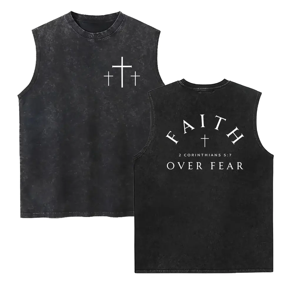Faith Over Fear Washed Vest, 2 Corinthians 5:7 Jesus Bible Verse 2 Sides Washed Vest, Trendy Unisex Cross Chri